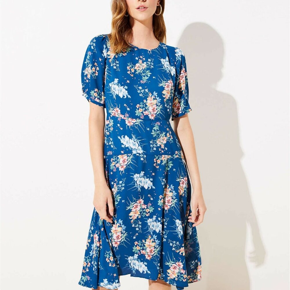 LOFT Floral Puff Sleeve Midi Dress
